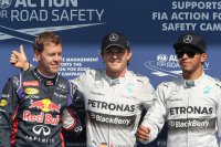 Sebastien Vettel, Nico Rosberg en Lewis Hamtilon