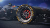 Render van een F1-bolide met 18 inch velg