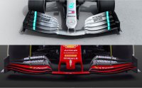 Vergelijking tussen de voorvleugel van Mercedes en Ferrari