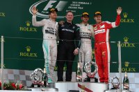 Nico Rosberg, Lewis Hamilton en Sebastian Vettel