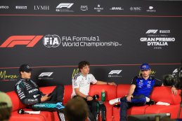 George Russell, Andrea Kimi Antonelli en Max Verstappen