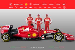 Esteban Gutiérrez, Kimi Räikkönen en Sebastian Vettel bij de Ferrari SF15-T